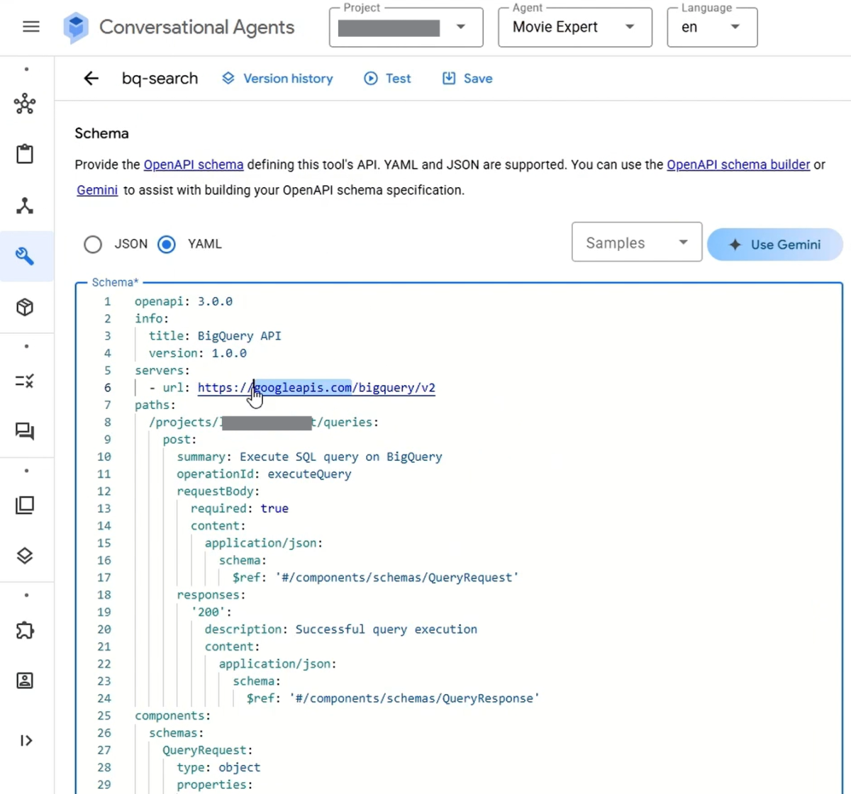schema view showing where to change the server